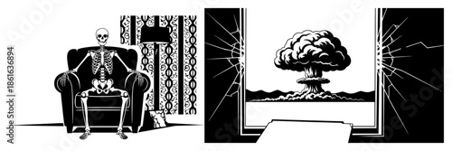 Skeleton watches nuclear explosion from a broken window