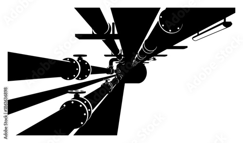 Perspective view of industrial ceiling pipelines and valves silhouette