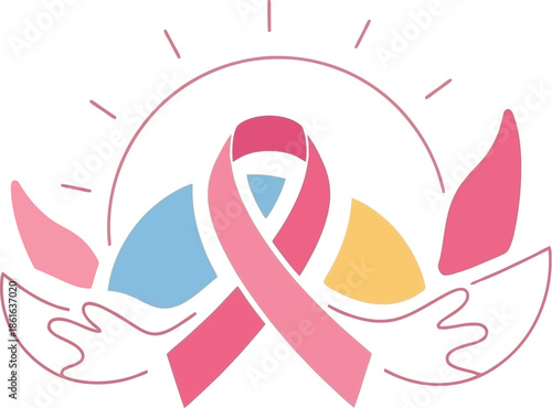 Cancer Awareness Ribbon and Healthcare Support Line Vector Icon