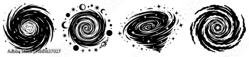 Set of spiral galaxy and black hole silhouette icons