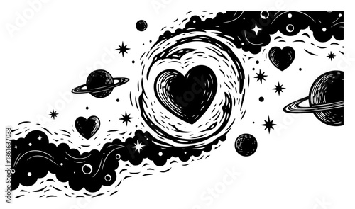 Abstract monochrome illustration of a love vortex in space