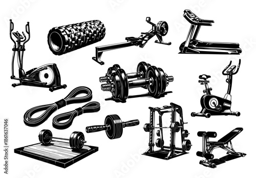 Monochrome collection of vintage style gym and fitness equipment
