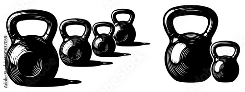 Vintage engraving style illustration of heavy iron kettlebells for weightlifting