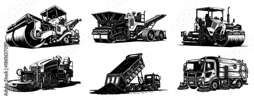 Set of heavy road construction machinery and asphalt paving vehicles