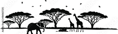 African safari wildlife silhouette landscape with elephant giraffes birds and acacia trees isolated on white background vector illustration