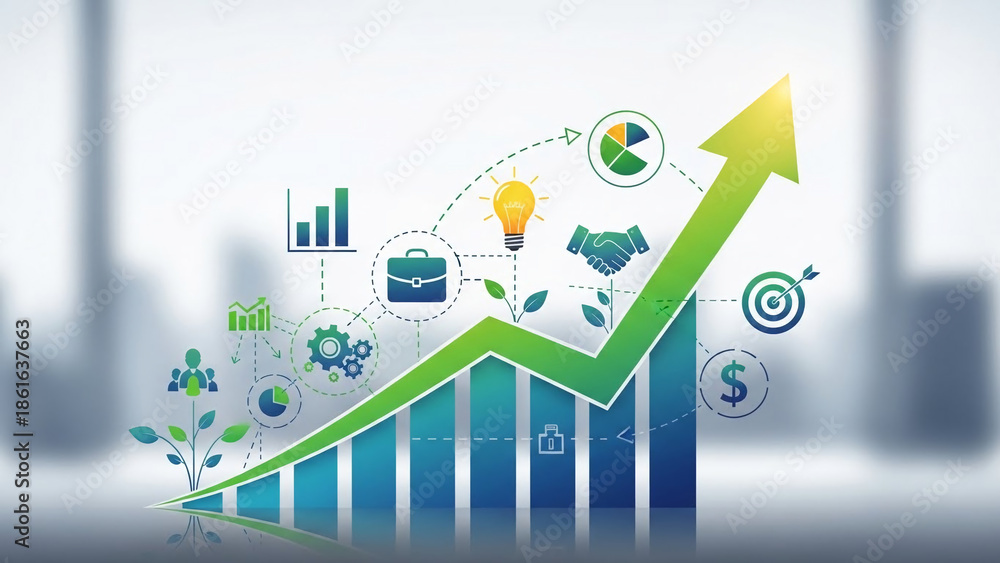 Obraz premium Business growth chart with upward arrow representing success and financial progress ideal for presentations and infographics