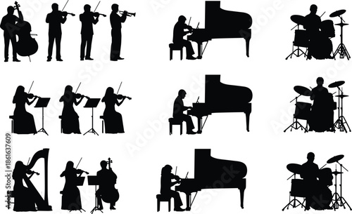 Black Musician Silhouettes Set Featuring Orchestral Players With Violin Cello Piano Harp and Drum Kit Isolated on White Background for Music Design