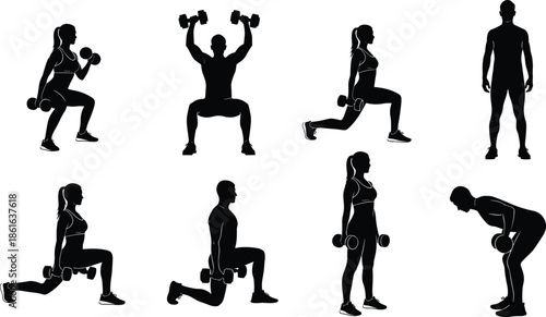 Set of Black Gym Fitness Silhouettes Featuring Men and Women Doing Dumbbell Lunges Squats and Weightlifting Exercises Isolated on White Background