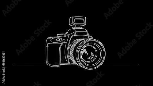 Minimalist white continuous line drawing of a modern DSLR camera with a flash on a black background.