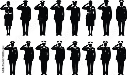 Large Set of Black Military Officer Silhouettes Featuring Men and Women in Uniform Saluting Isolated on White Background for Patriotic Design