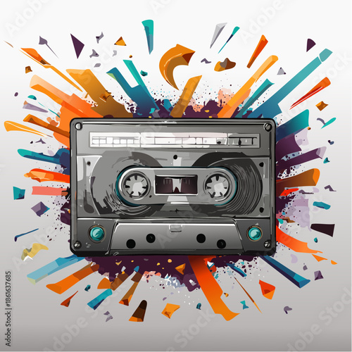 A colorful explosion of creativity surrounding a classic cassette tape, bursting with vibrant hues and dynamic shapes
