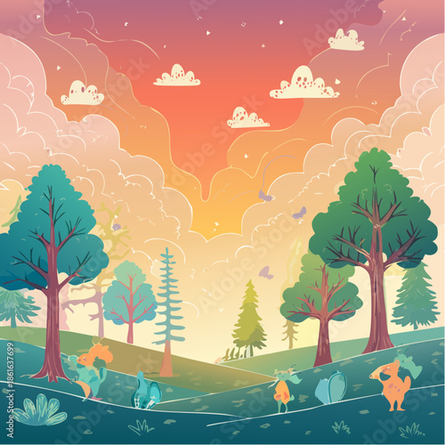 Serene landscape illustration featuring trees, animals, and vibrant colors at sunset from a high viewpoint
