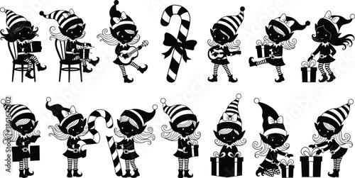 Black silhouette vector illustration set of cute Christmas elves playing music holding gifts and candy canes for festive holiday designs