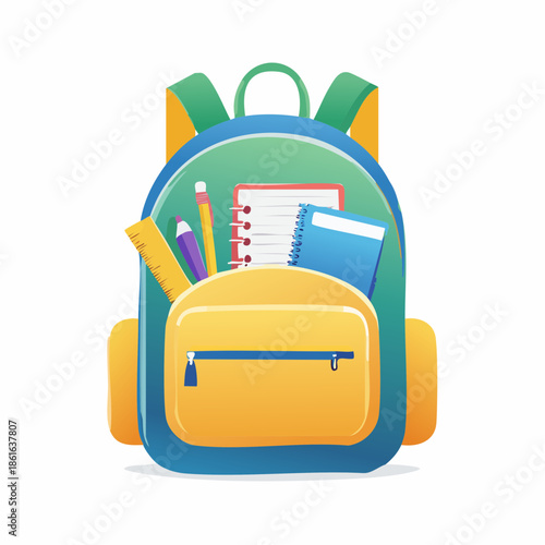 A colorful backpack full of school supplies on a plain white background viewed from the front