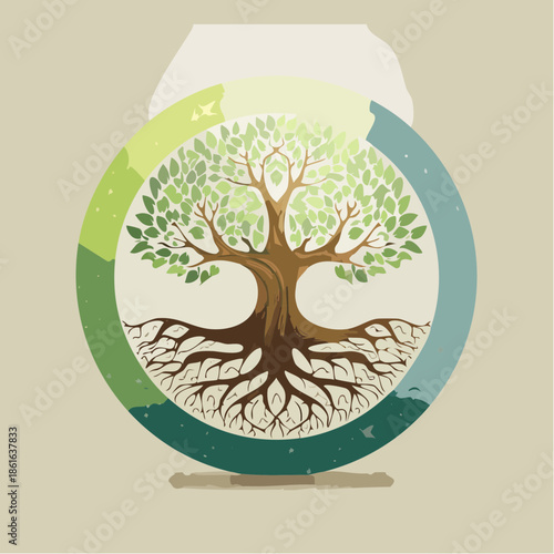 A tree with sprawling roots and green leaves is centered within a circular graphic, symbolizing growth and harmony with nature.