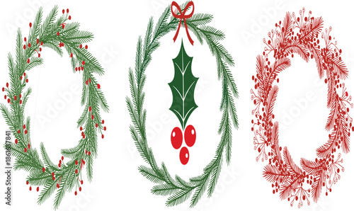 Colorful vector illustration set of three oval Christmas wreaths featuring green pine needles red holly berries and a decorative ribbon bow