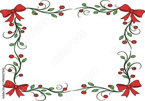 Colorful Christmas vector frame featuring green vine swirls with red holly berries and decorative red corner ribbons for holiday borders