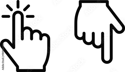 Black and white vector line art icon set of a human hand clicking and touching a screen for digital interface