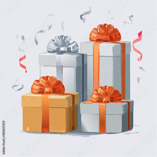 Gift boxes with bows and ribbons surrounded by confetti streamers in a celebratory scene from a front viewpoint