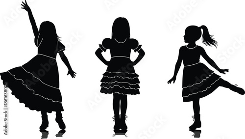 Black silhouette of three cute little girls wearing dresses dancing and posing, happy childhood, female kids playing together, isolated on white background, vector.