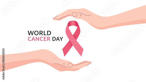 World Cancer Day Awareness Ribbon and Support Line Vectors on Transparent Background