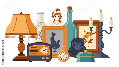 Vintage home decor collection featuring retro items, lamps, and antique frames in flat style