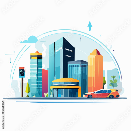 Modern cityscape with sleek buildings and vehicles in a vibrant urban landscape viewed from a slight elevation