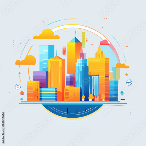 Vibrant cityscape illustration with tall buildings and clouds