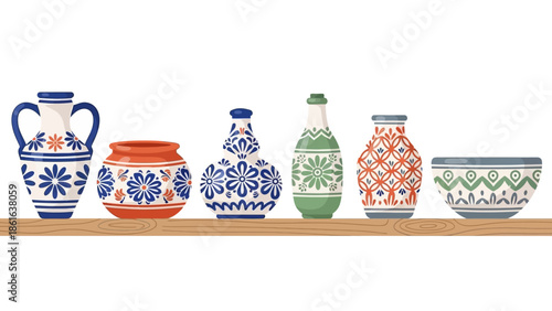 Colorful ceramic pottery on shelf with floral patterns in flat style