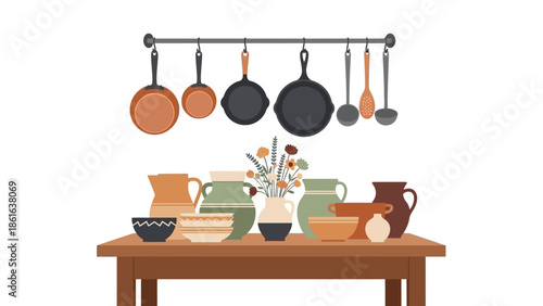 Cozy kitchen scene with hanging cookware and vases on wooden table