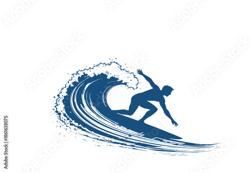 Summer surfing adventure, dynamic wave and surfer character vector art