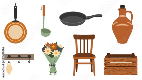 Rustic home decor collection with vintage cooking utensils and furniture