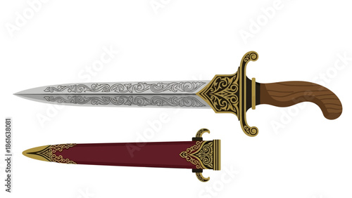 Ornate dagger and sheath with intricate patterns and wooden handle