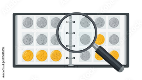 Coin collection display: magnifying glass highlights silver and gold coins in album
