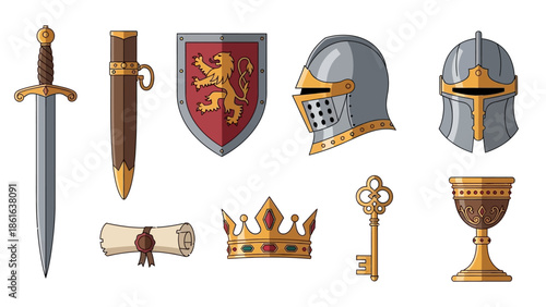 Medieval icon set featuring armor, weapons, and royal artifacts in a flat design