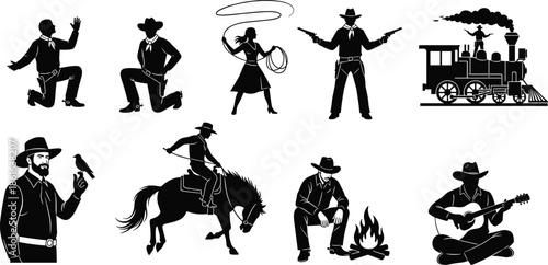 Black vector silhouette set of wild west elements including cowboys riding horses playing guitar throwing lasso and a vintage locomotive