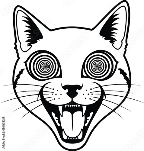 Black and white line art illustration of a creepy cat face with hypnotic spiral eyes and open mouth showing sharp teeth