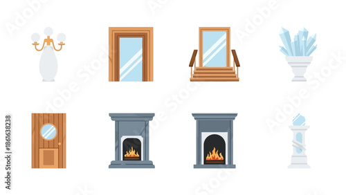 Interior elements collection: doors, fireplaces, mirrors, and decorative lamps
