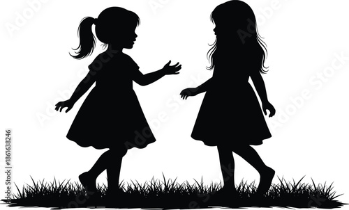 Black silhouette of two little girls playing together on grass, cute children sisters or friends standing, childhood friendship and happy family outdoor concept, (24 words)