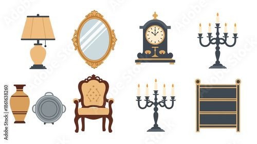 Elegant vintage furniture set featuring clocks, mirrors, and chairs