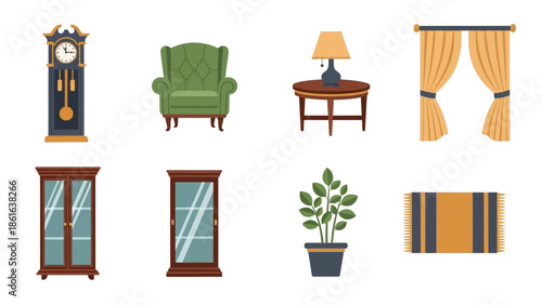 Classic home decor collection featuring vintage furniture and cozy accessories