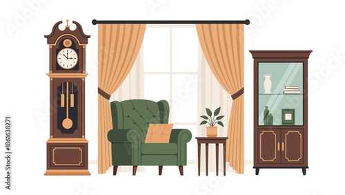 Cozy living room with classic armchair, grandfather clock, and elegant curtains
