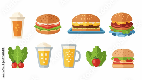 Collection of Fast Food Burgers and Drinks Icons.