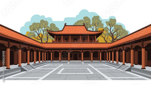 Traditional asian courtyard with pagoda and autumn foliage