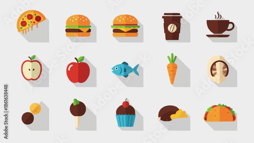 Collection of Flat Design Food Icons with Long Shadows.