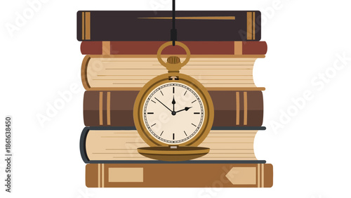 Vintage pocket watch hanging over stack of books in classic style