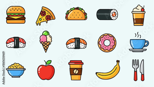 Collection of delicious fast food and sweet treats icons.