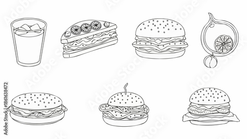 Collection of Delicious Fast Food Illustrations in Line Art Style.