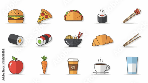 Collection of delicious food and drink icons for a healthy lifestyle.