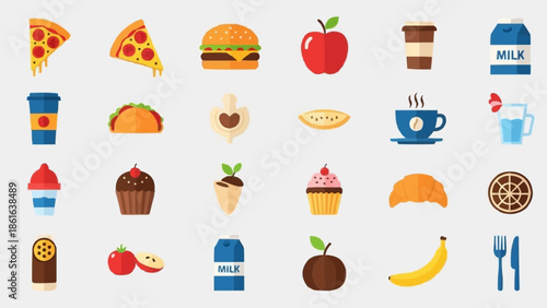 Collection of delicious food and drink icons flat design.
